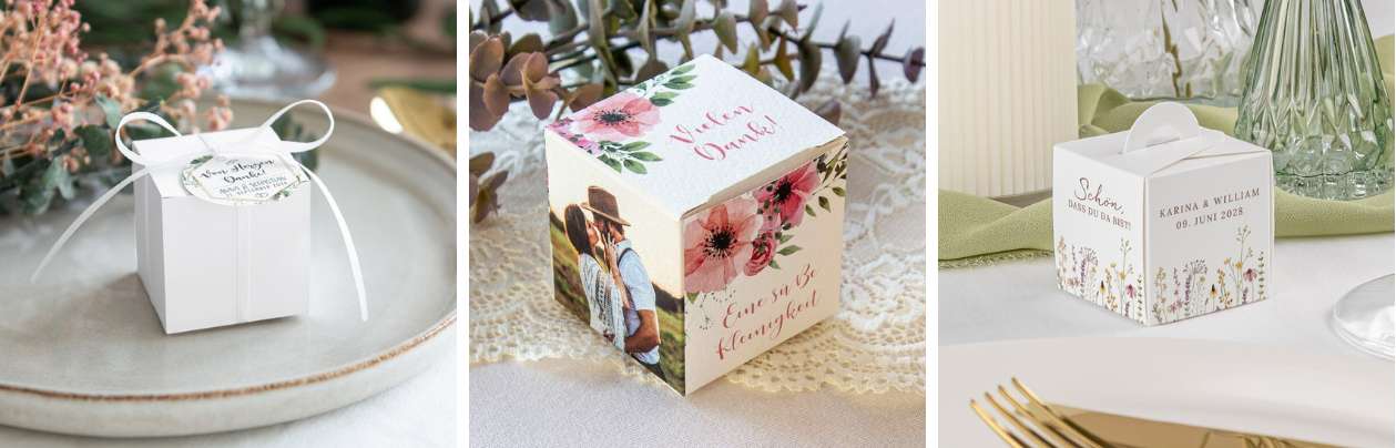 Unterschiedliche Designs unserer Gastgeschenk Boxen