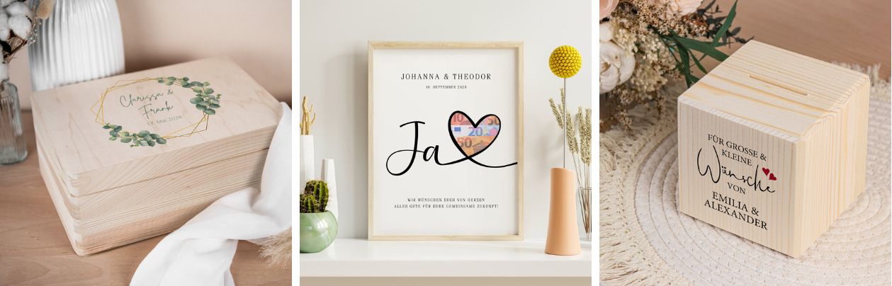Hochzeitsgeschenke, auf denen Ihr Platz für Glückwünsche habt