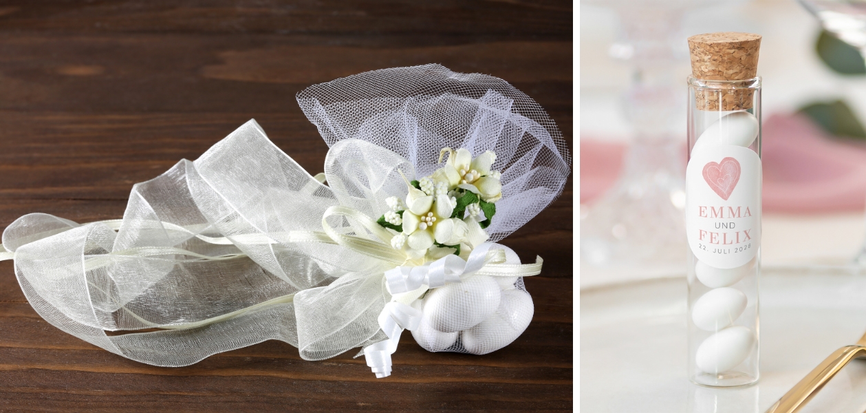 Hochzeitsmandeln im Gastgeschenk Glasröhrchen mit Korken und Aufkleber Herz