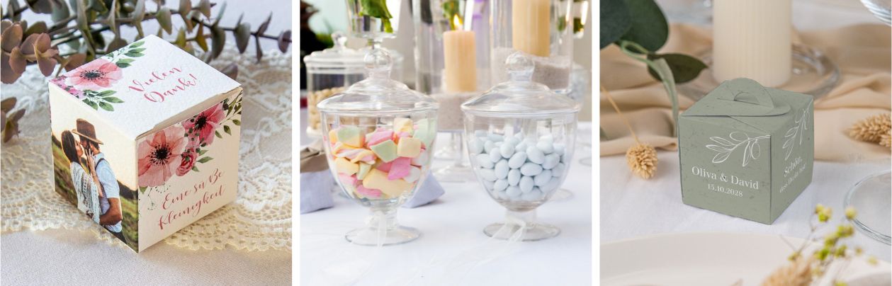 In personalisierten Gastgeschenk Boxen oder auf der Candy Bar kommen Eure Hochzeitsmandeln ideal zur Geltung