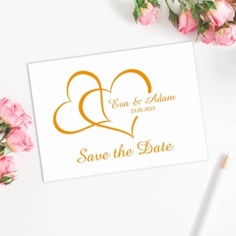 Save the Date Karte Hochzeit "Zwei Herzen" Orange online selbst gestalten