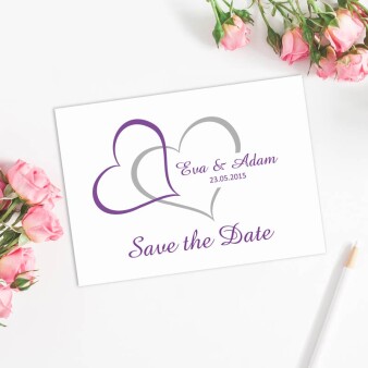 Save the Date Karte Hochzeit "Zwei Herzen" Lila-Silber online selbst gestalten