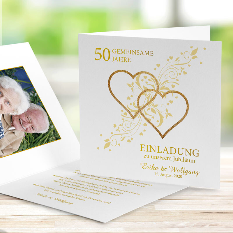 Einladungskarte Goldene Hochzeit Goldene Herzen