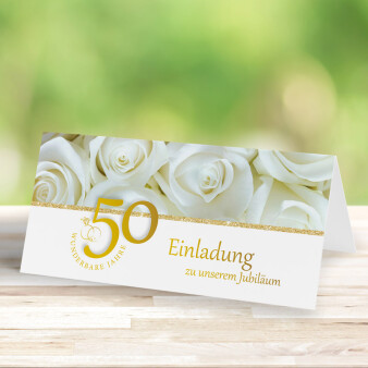 Einladungskarte Goldene Hochzeit Weiße Rosen