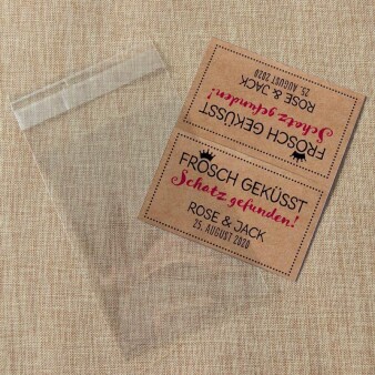 Gastgeschenk Geschenktüte transparent mit Kraft Etikett Frosch geküsst - Schön, dass Du da bist!
