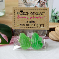 Gastgeschenk Geschenktüte transparent mit Kraft Etikett "Frosch geküsst" - Schön, dass Du da bist!