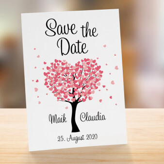 Save the Date Karte Hochzeit "Herzbaum" Rosa online selbst gestalten
