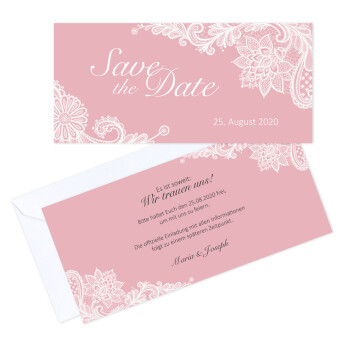 Save the Date Karte Hochzeit "Romantische Spitze" rosa online selbst gestalten