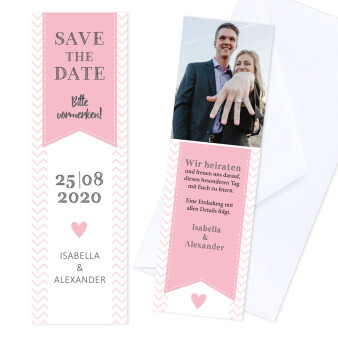 Save the Date Karte Hochzeit "Lesezeichen Chevron" Rosa inkl. Textdruck