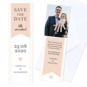 Save the Date Karte Hochzeit "Lesezeichen Chevron" Creme inkl. Textdruck