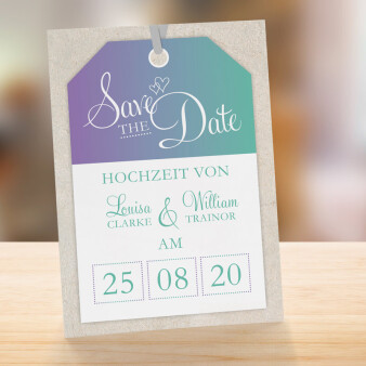 Save the Date Karte Hochzeit "First Class Ticket" aqua online selbst gestalten