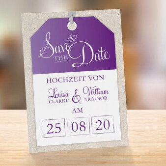 Save the Date Karte Hochzeit "First Class Ticket" lila ohne Text / Muster