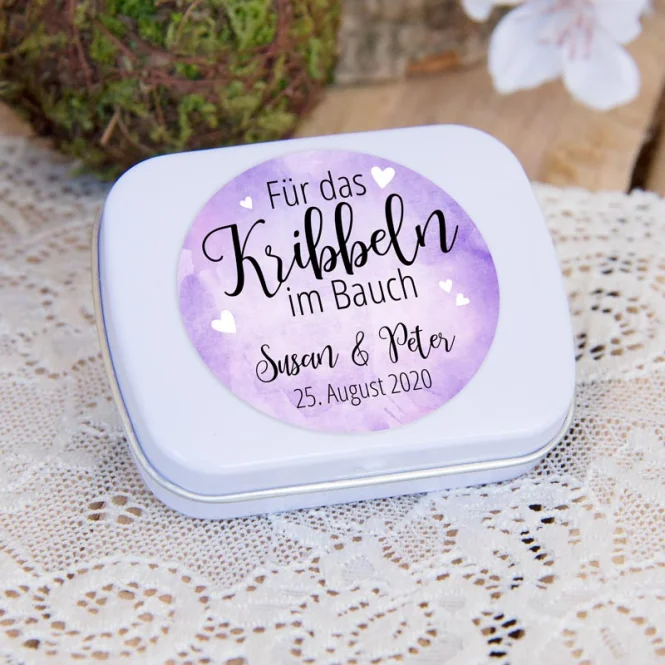 Gastgeschenk Metalldose mit Aufkleber "Kribbeln im...