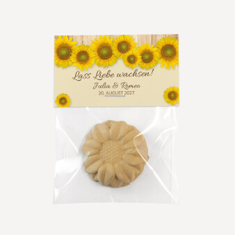 Gastgeschenk Samenbombe Hochzeit mit Etikett Sonnenblume
