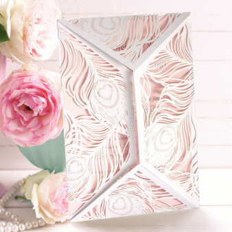 Einladungskarte Hochzeit Pfauenfedern rosa