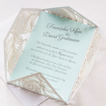 Einladungskarte Hochzeit Pfauenfedern blau