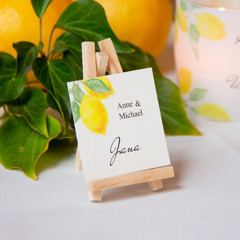 6 x Tischkarten Hochzeit mit Staffelei Lemon personalisiert