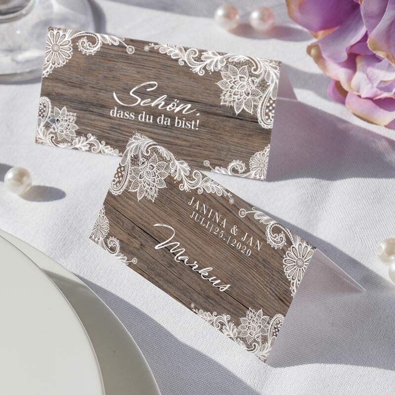 Tischkarte Hochzeit Holz und Spitze