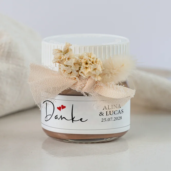 Gastgeschenk Mini Nutella Glas mit Aufkleber "Danke...