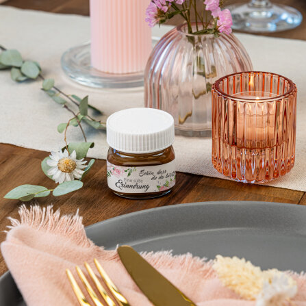 Gastgeschenk Mini Nutella Glas mit Aufkleber "Summer Love" Schön, dass du da bist!