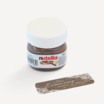 Gastgeschenk Mini Nutella Glas mit Aufkleber Holz und Spitze