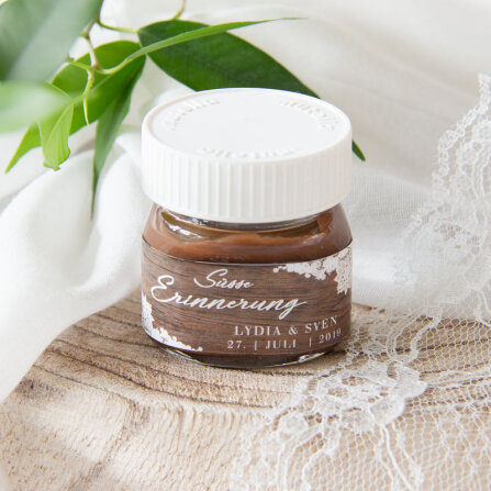 Gastgeschenk Mini Nutella Glas mit Aufkleber "Holz...