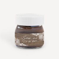 Gastgeschenk Mini Nutella Glas mit Aufkleber "Holz und Spitze" Schön, dass Du da bist!