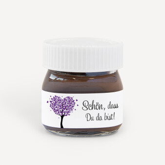 Gastgeschenk Mini Nutella Glas mit Aufkleber "Herzbaum" lila - Schön, dass Du da bist!