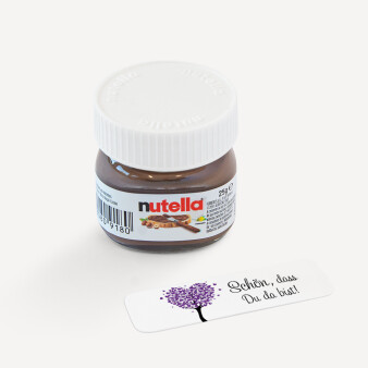 Gastgeschenk Mini Nutella Glas mit Aufkleber "Herzbaum" lila - Schön, dass Du da bist!