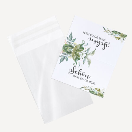 Gastgeschenk Tüte transparent mit Etikett "Green Magic" Schön, dass Du da bist!