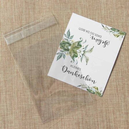 Gastgeschenk Tüte transparent mit Etikett "Green Magic" Schön, dass Du da bist!