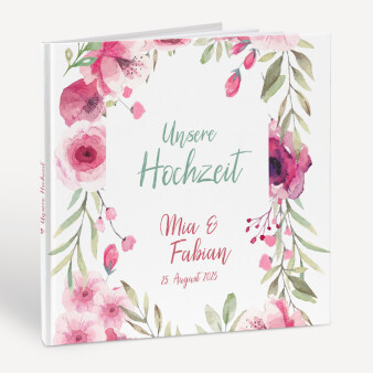 Gästebuch Hochzeit mit Fragen "Blumen Aquarell"