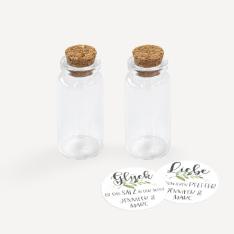 Gastgeschenk Mini Glasröhrchen mit Aufkleber Salz & Pfeffer Green Magic 2er Set