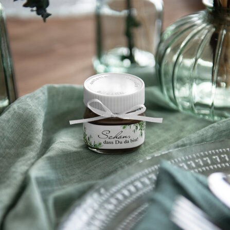 Gastgeschenk Mini Nutella Glas mit Aufkleber "Greenery" Schön, dass Du da bist!
