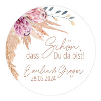 24 x Aufkleber Hochzeit rund "Pampasgras" weiß 4 cm inkl. Personalisierung