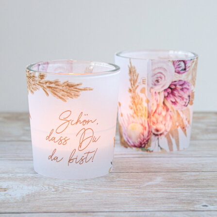Tischkarte Windlicht "Pampasgras" inkl. Glas "Schön, dass Du da bist!"