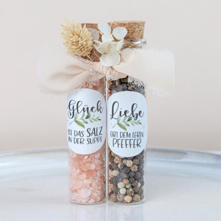 Gastgeschenk Glasröhrchen mit Aufkleber Salz &...