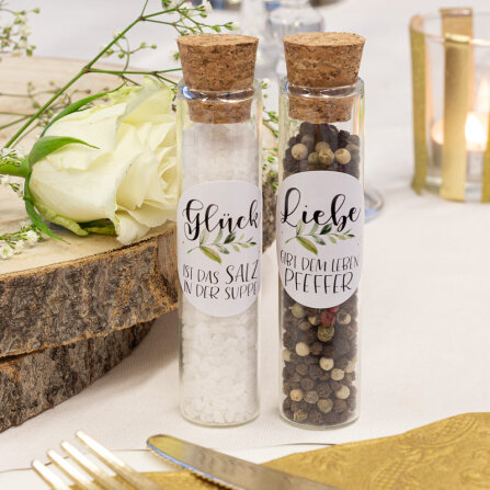 Gastgeschenk Glasröhrchen mit Aufkleber Salz &...