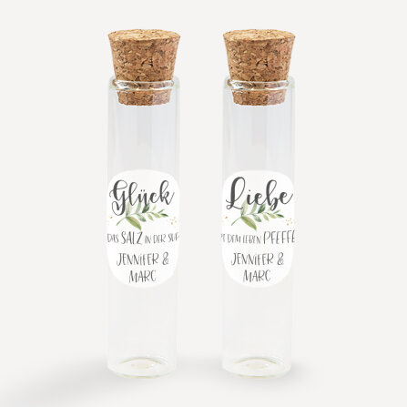 Gastgeschenk Glasröhrchen mit Aufkleber Salz & Pfeffer "Green Magic" 2er Set online selbst gestalten