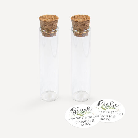 Gastgeschenk Glasröhrchen mit Aufkleber Salz & Pfeffer "Green Magic" 2er Set online selbst gestalten