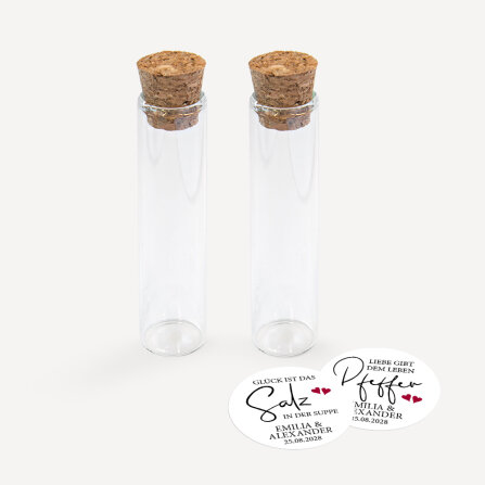 Gastgeschenk Glasröhrchen mit Aufkleber Salz & Pfeffer "Kalligrafie" 2er Set online selbst gestalten