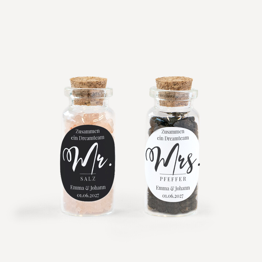 Gastgeschenk Mini Glasröhrchen mit Aufkleber Salz & Pfeffer Mr & Mrs 2er Set
