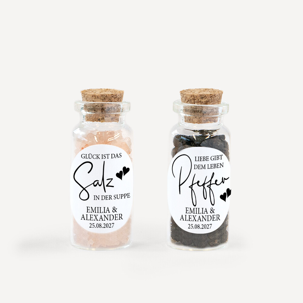 Gastgeschenk Mini Glasröhrchen mit Aufkleber Salz & Pfeffer Kalligrafie 2er Set