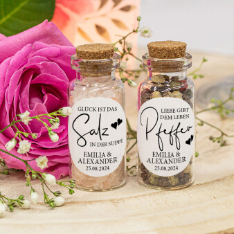 Gastgeschenk Mini Glasröhrchen mit Aufkleber Salz & Pfeffer Kalligrafie 2er Set