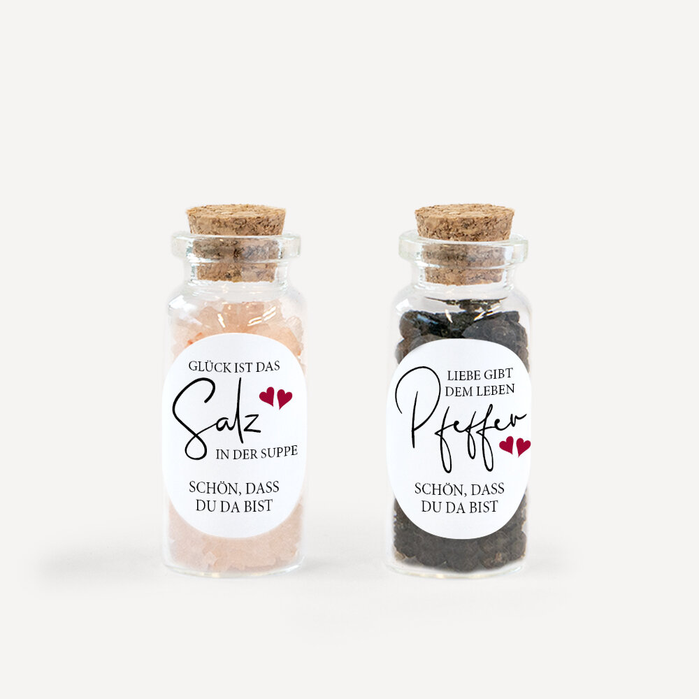 Gastgeschenk Mini Glasröhrchen mit Aufkleber Salz & Pfeffer "Kalligrafie" 2er Set unpersonalisiert