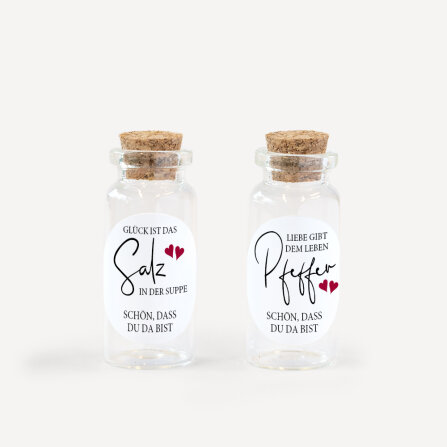 Gastgeschenk Mini Glasröhrchen mit Aufkleber Salz & Pfeffer "Kalligrafie" 2er Set unpersonalisiert