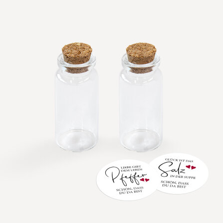 Gastgeschenk Mini Glasröhrchen mit Aufkleber Salz & Pfeffer "Kalligrafie" 2er Set unpersonalisiert