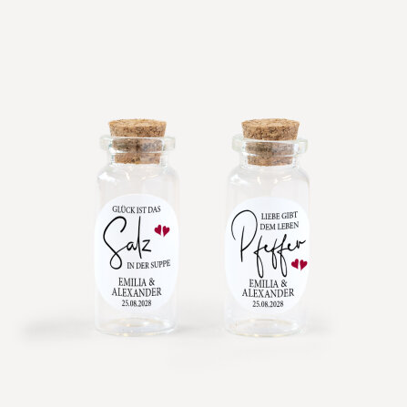 Gastgeschenk Mini Glasröhrchen mit Aufkleber Salz & Pfeffer "Kalligrafie" 2er Set online selbst gestalten