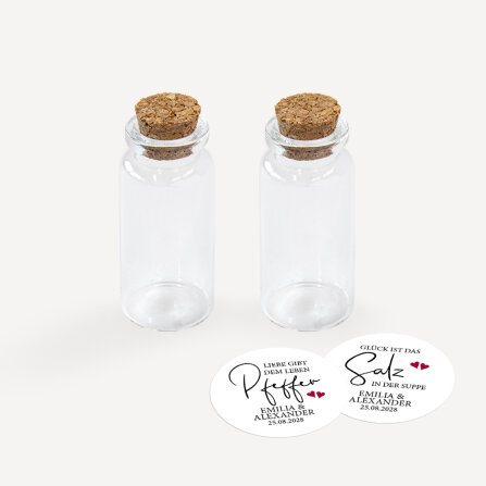 Gastgeschenk Mini Glasröhrchen mit Aufkleber Salz & Pfeffer "Kalligrafie" 2er Set online selbst gestalten