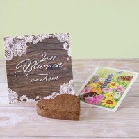 Gastgeschenk Anzuchtset Herz "Holz und Spitze" Blumenwiese personalisiert
